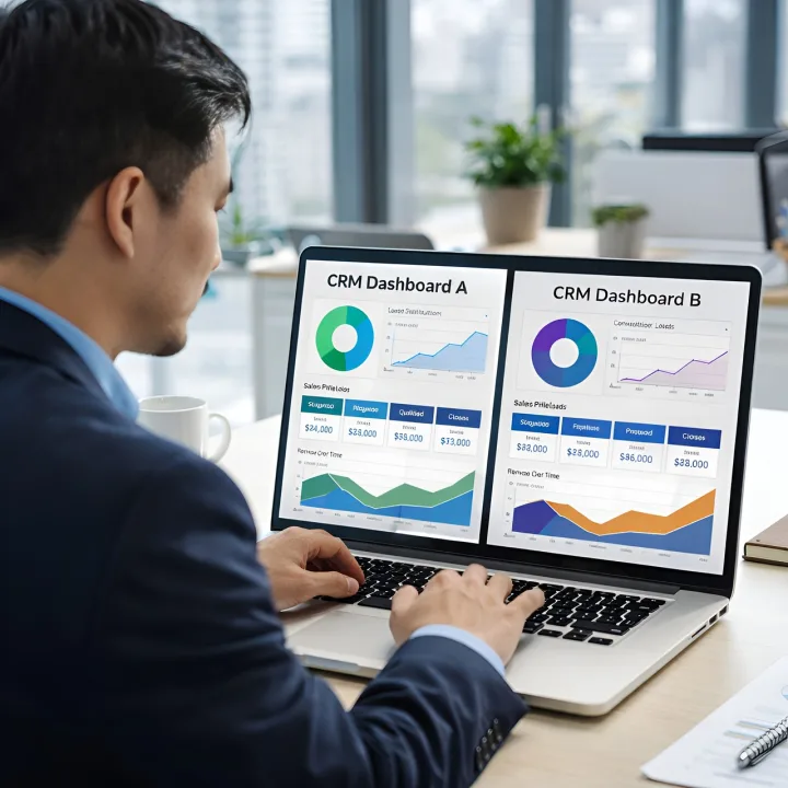 Profesional revisando paneles de un CRM con gráficos de ventas en una laptop